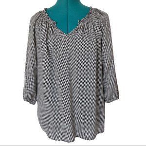 Black Peasant Style Blouse Women Small 3/4 Sleeve Mini Herringbone Print